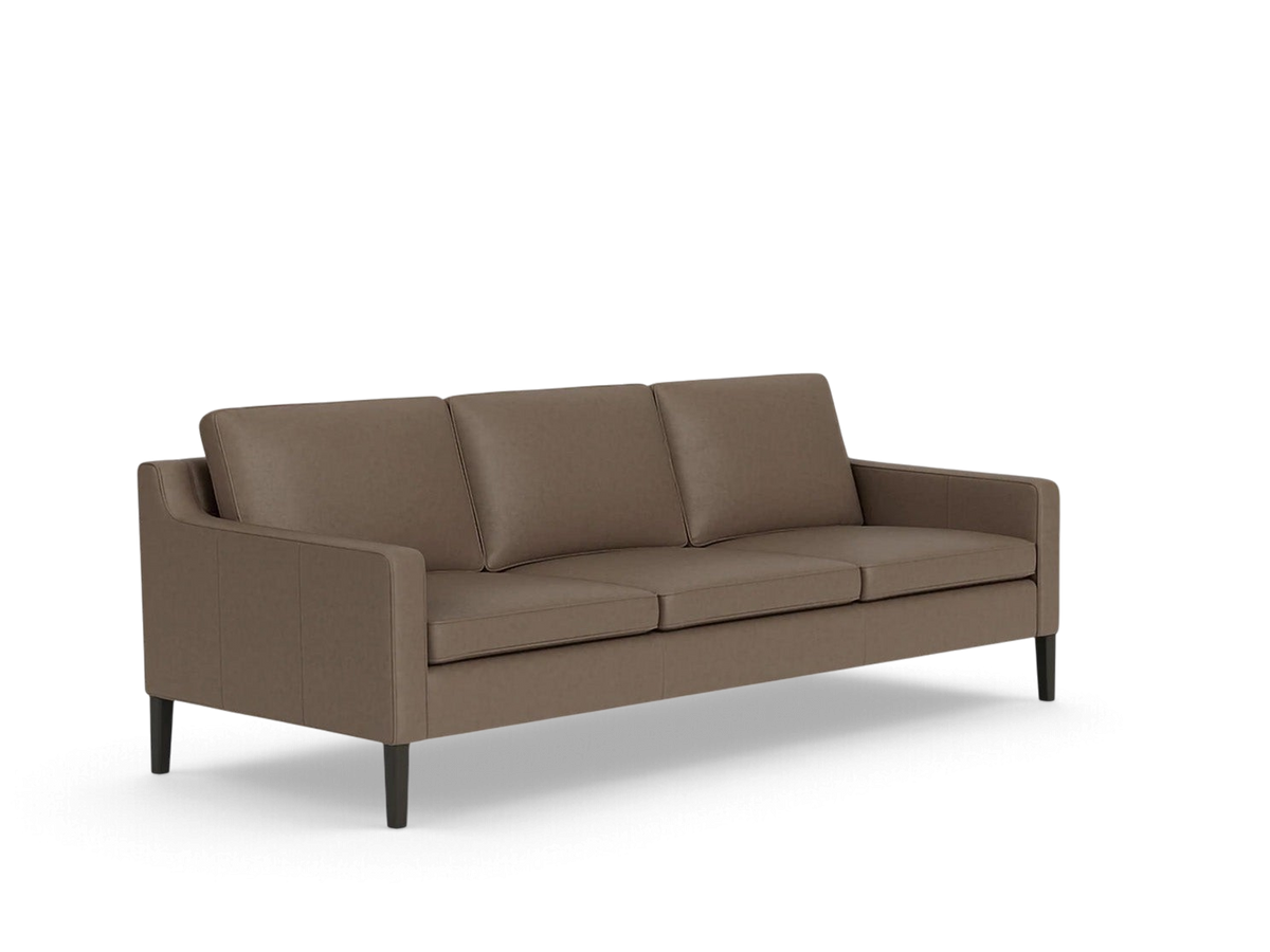 urbane EQ3 Skye sofa in brown leather with a mid-century modern design and slim tapered legs