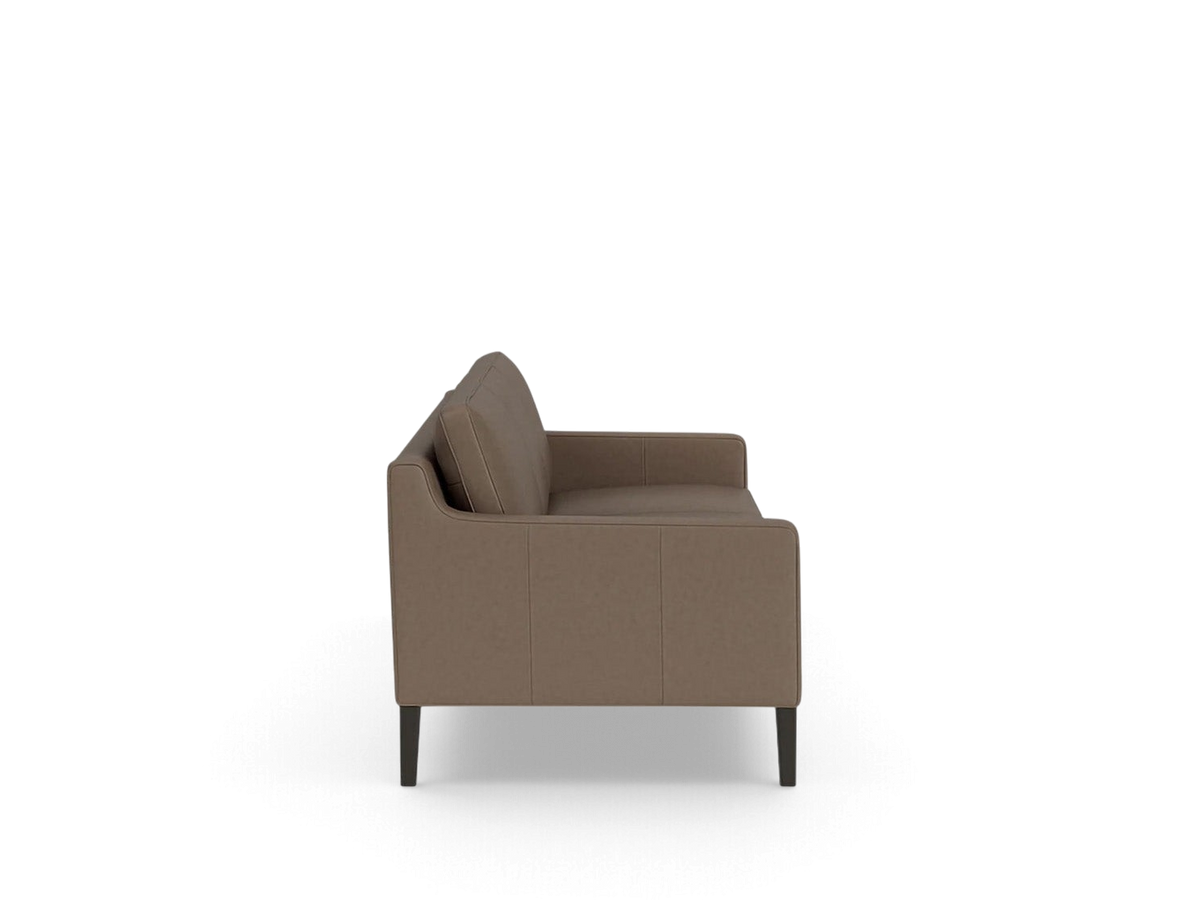 urbane EQ3 Skye sofa in a neutral brown fabric with a mid-century modern silhouette and tapered dark wood legs