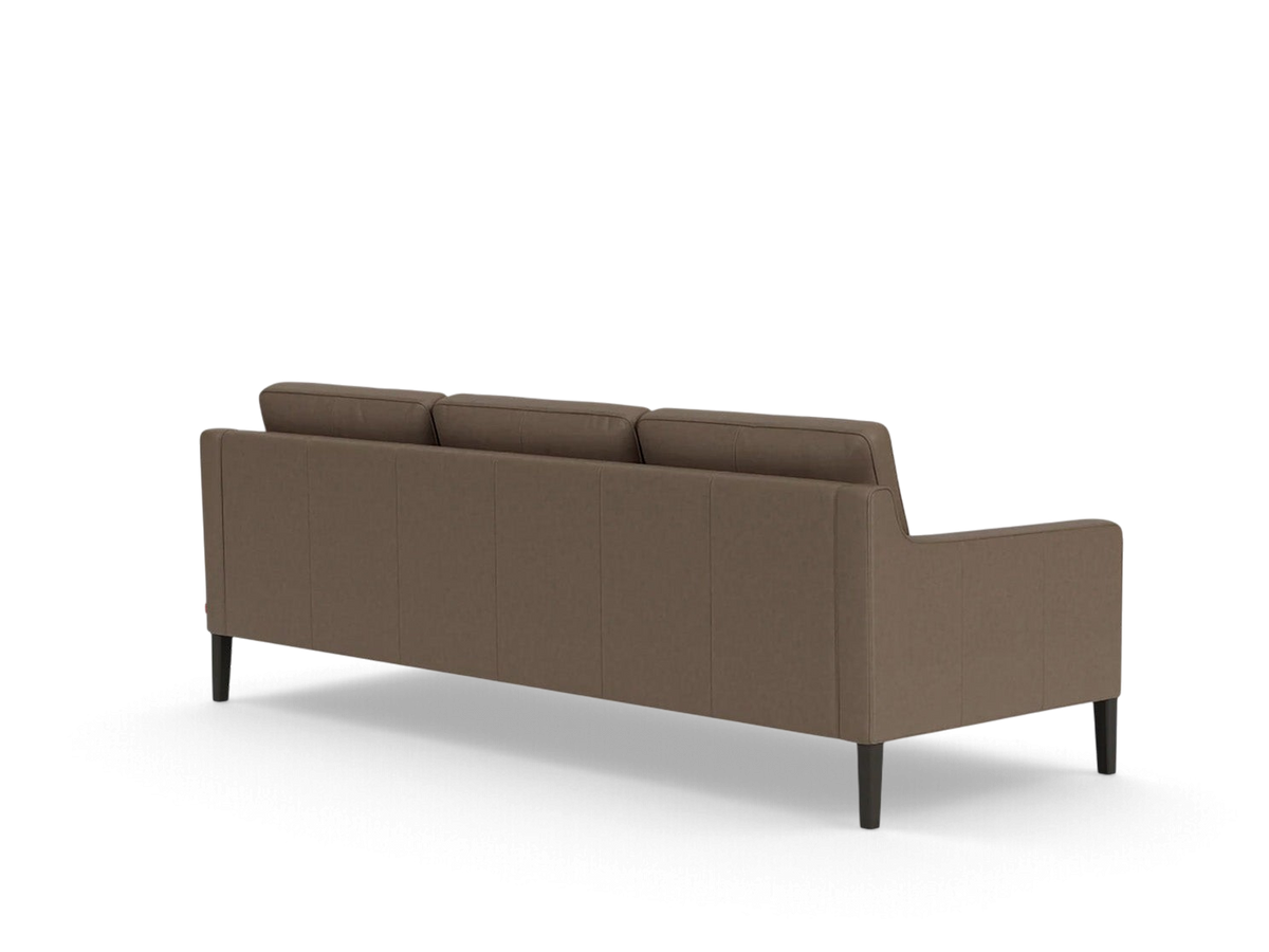 urbane EQ3 Skye sofa in brown fabric with a mid-century modern design and tapered dark wood legs, rear view