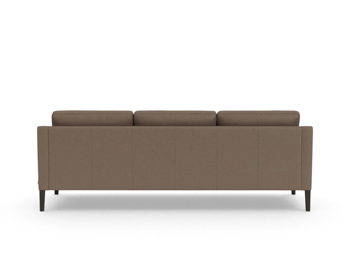 urbane EQ3 Skye sofa in a neutral brown fabric with a mid-century modern design and tapered dark wood legs