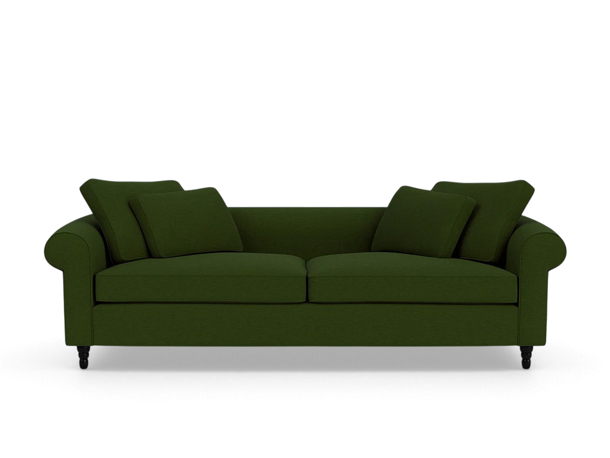 urbane EQ3 Slope 94-inch sofa in dark green fabric with rolled arms and matching throw pillows
