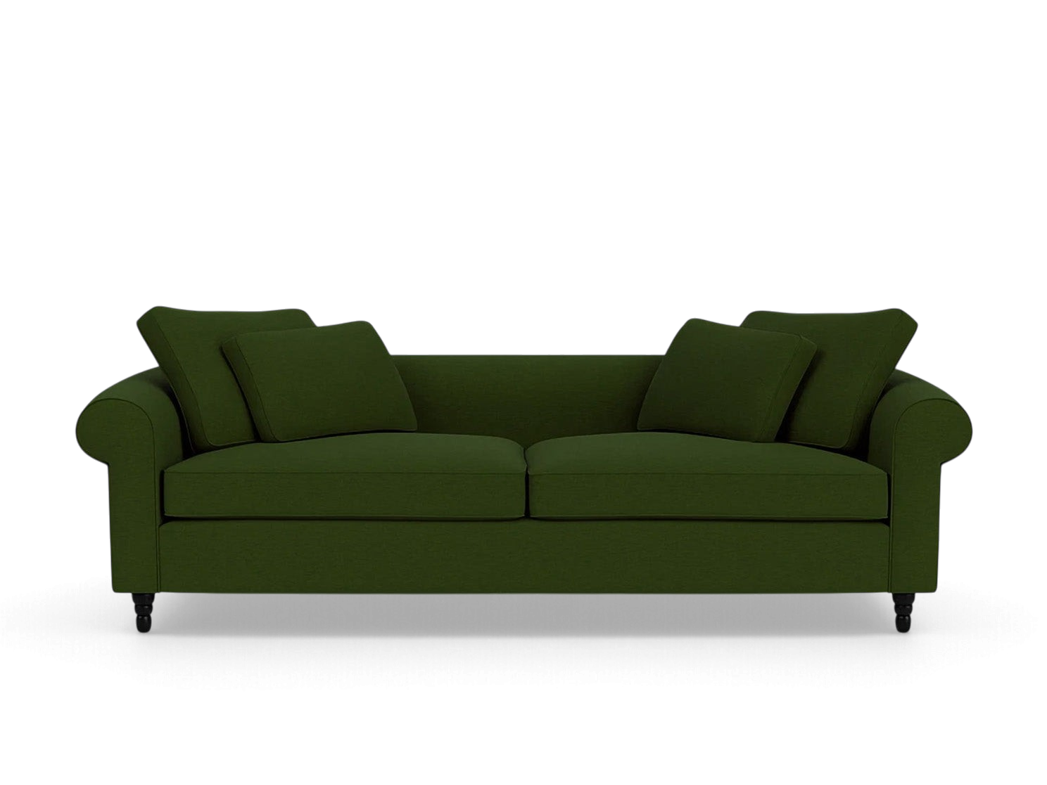 urbane EQ3 Slope 94-inch sofa in dark green fabric with rolled arms and matching throw pillows