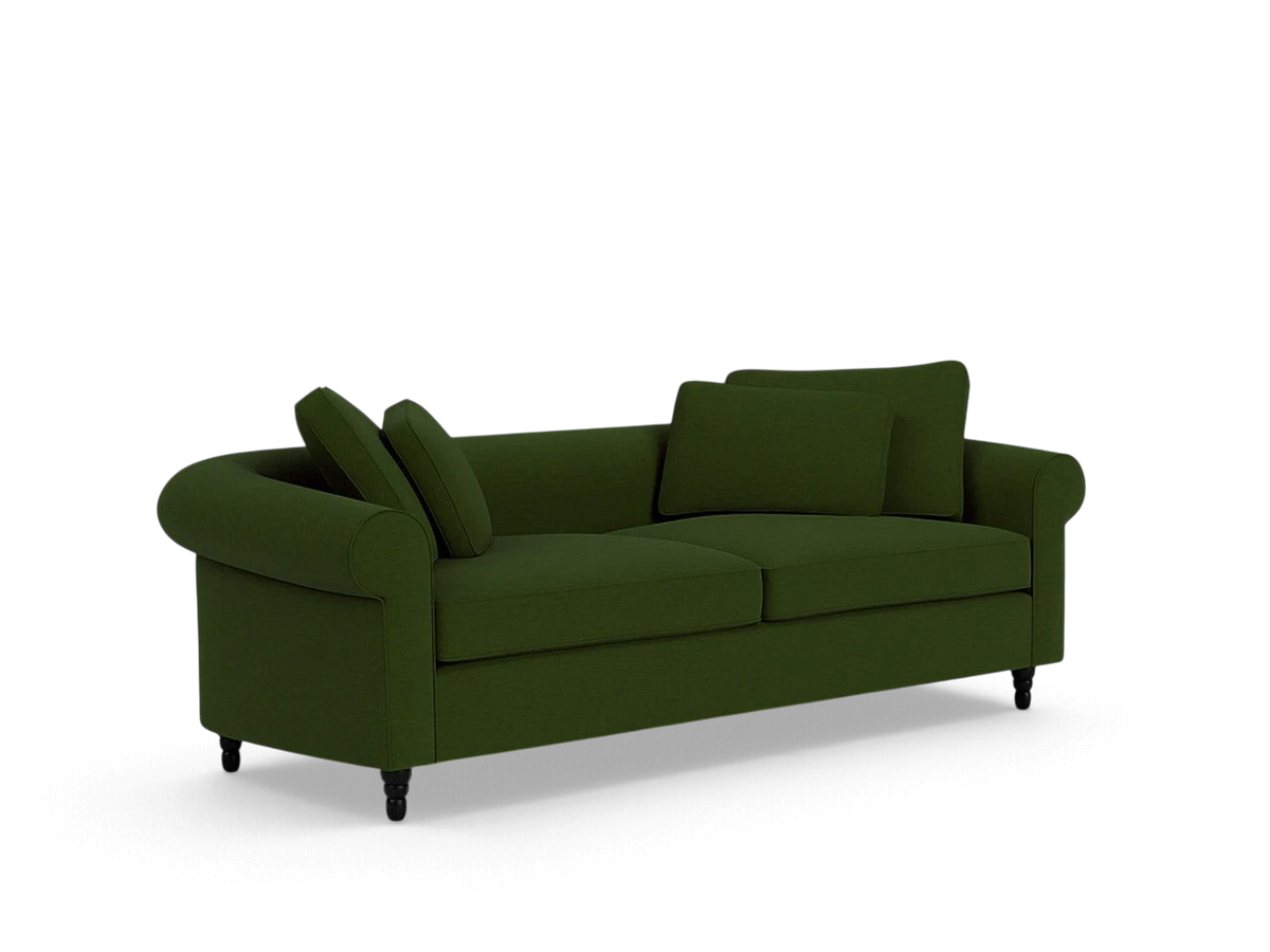 urbane EQ3 Slope 94 inch sofa in dark green fabric with rolled arms and matching throw pillows