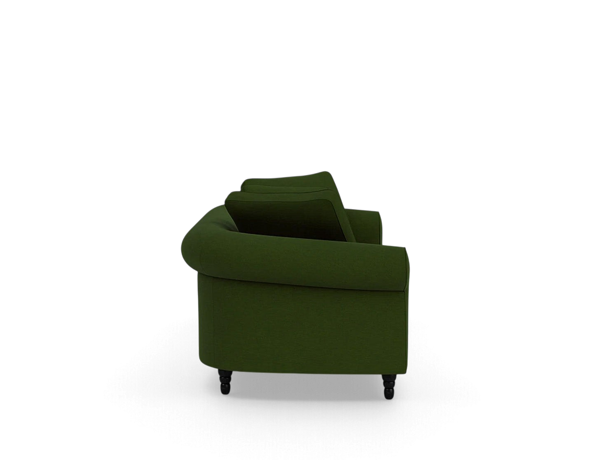 urbane EQ3 Slope 94-inch sofa in dark green fabric with a modern rolled arm and black tapered legs, side view
