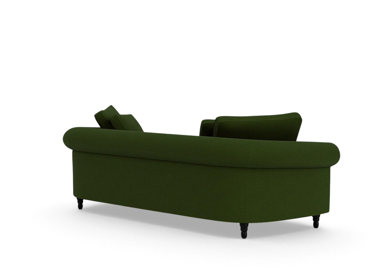 urbane EQ3 Slope 94-inch sofa in dark green fabric with a modern Chesterfield-inspired rolled arm design