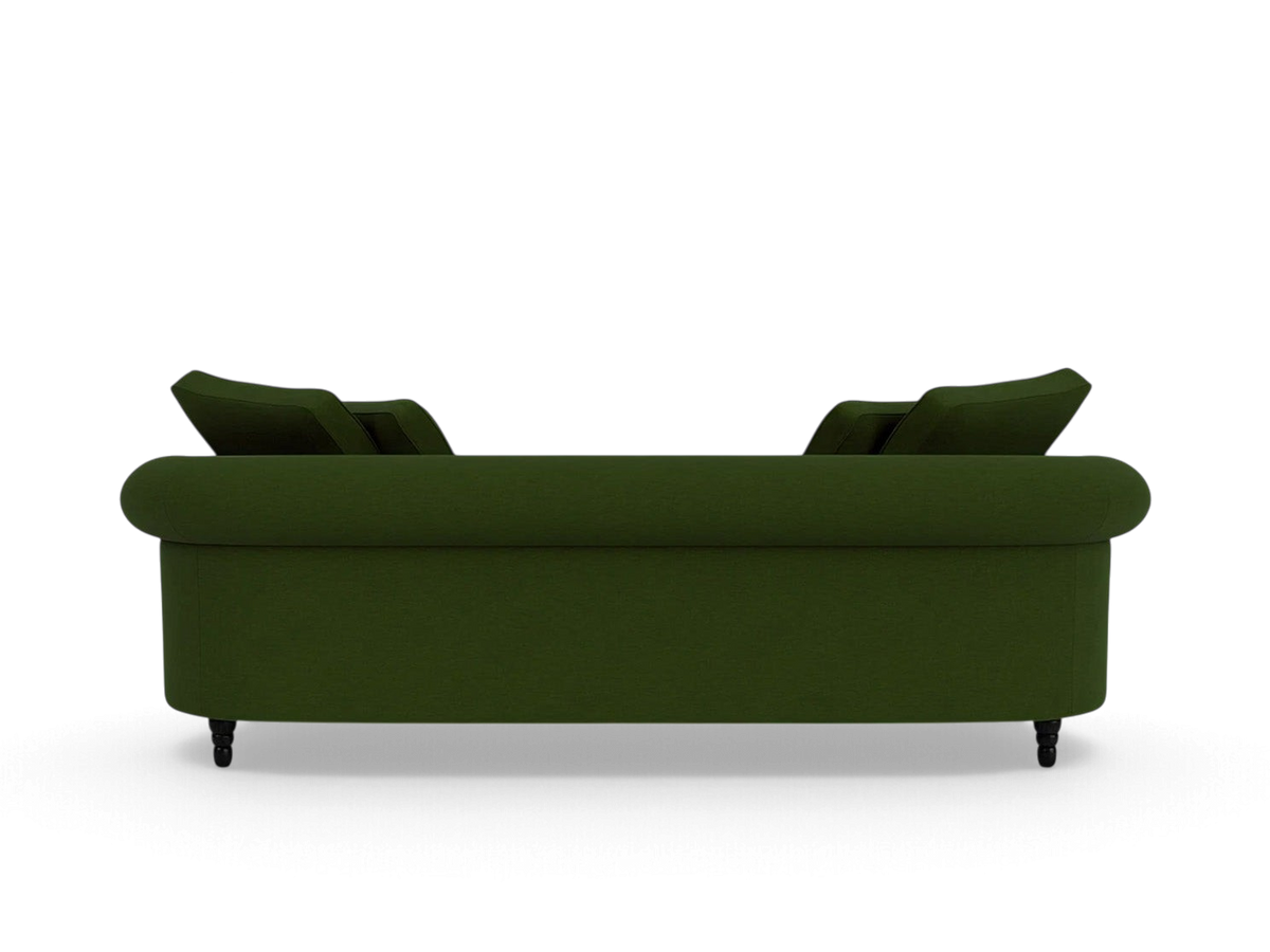 urbane EQ3 Slope 94-inch sofa in dark green fabric with a modern rolled arm design, back view