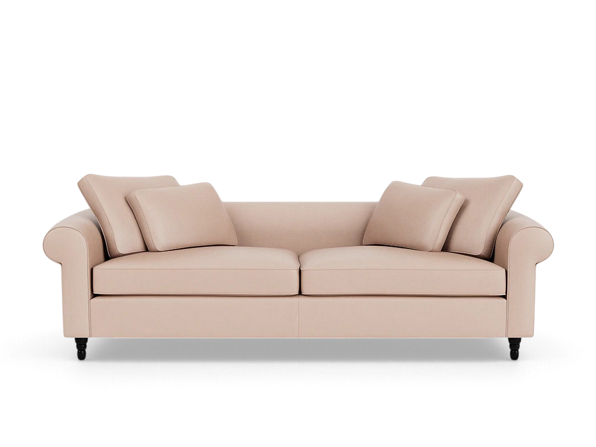 urbane EQ3 Slope 94 inch contemporary sofa in light beige fabric with rolled arms and matching throw pillows
