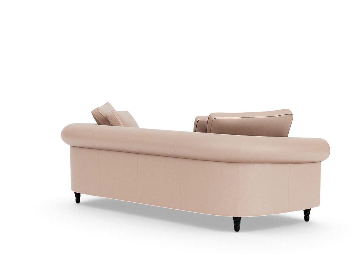 urbane EQ3 Slope 94-inch sofa in a neutral beige fabric with a contemporary rolled arm and black tapered legs.