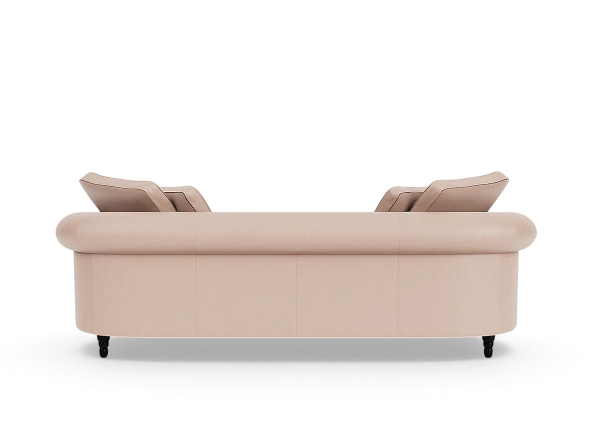 urbane EQ3 Slope 94 inch sofa in a light beige fabric with a modern rolled arm design, back view