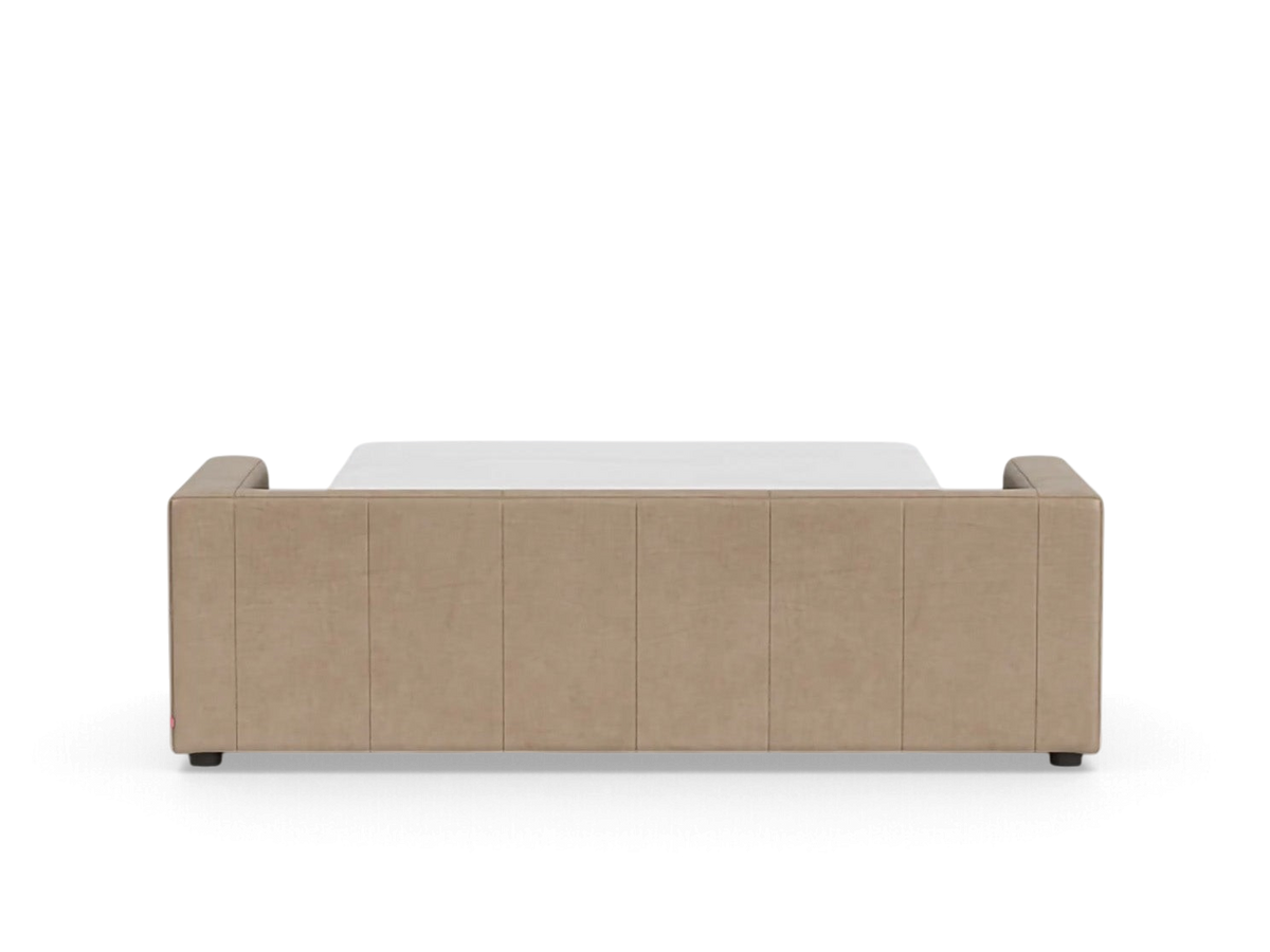 urbane EQ3 Solo sleeper sofa in a neutral beige fabric with clean architectural lines and a vintage-inspired design