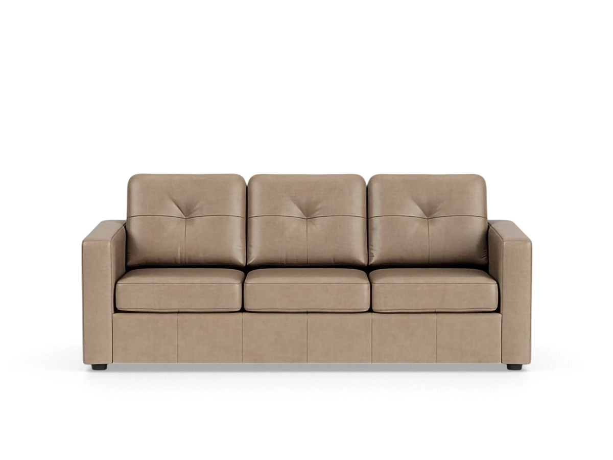 urbane EQ3 Solo sleeper sofa in a neutral tan fabric with tufted back cushions and simple architectural lines