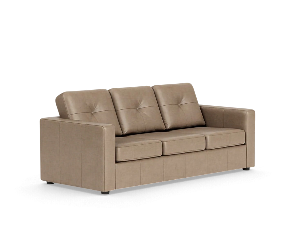 urbane EQ3 Solo sleeper sofa in a neutral taupe leather with tufted back cushions and simple architectural lines