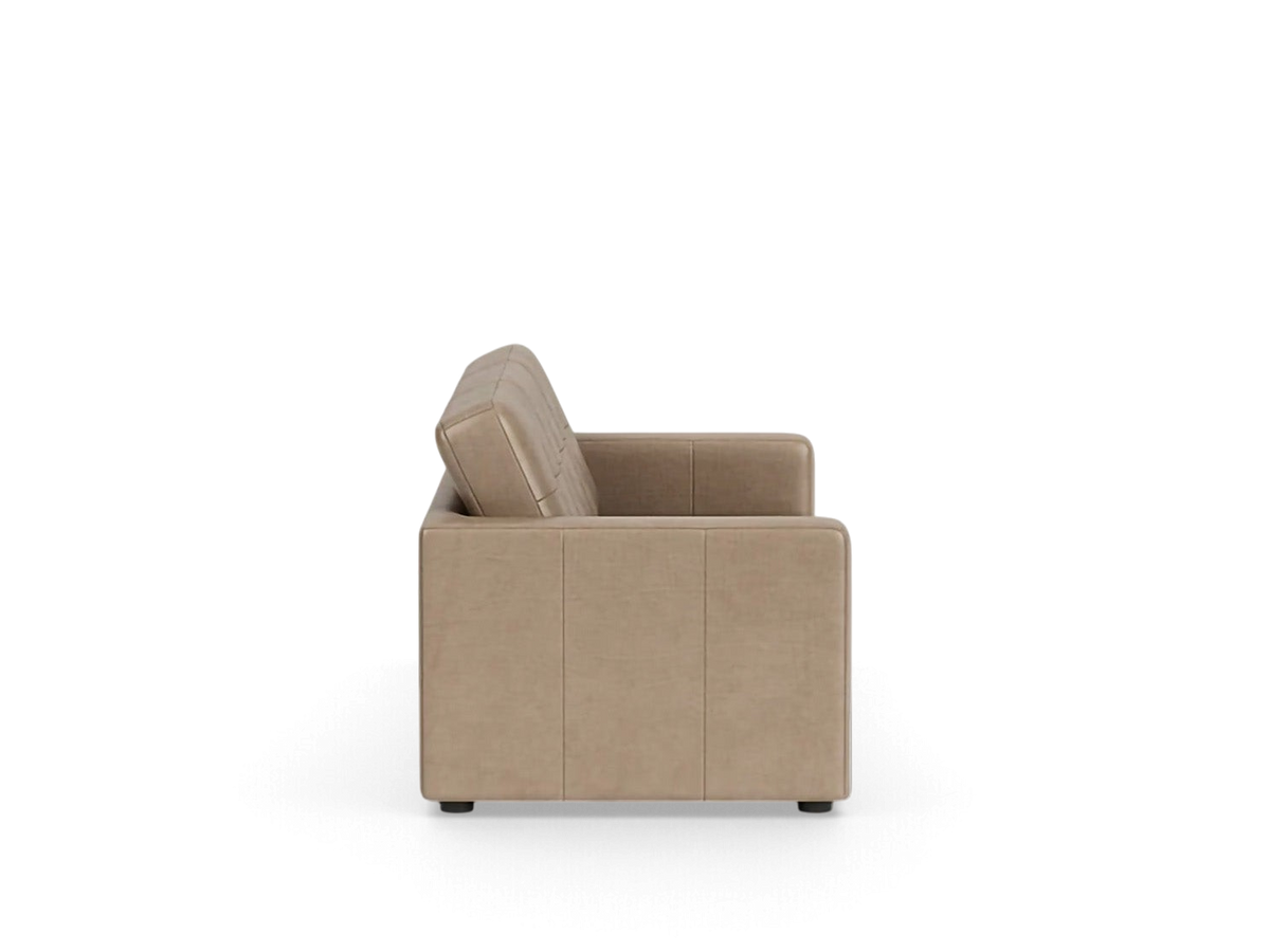 Side view of the urbane EQ3 Solo sleeper sofa in a neutral beige fabric with simple architectural lines.