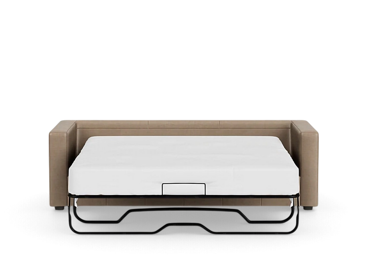 urbane EQ3 Solo sleeper sofa in a neutral beige fabric with a clean architectural design and white mattress extended