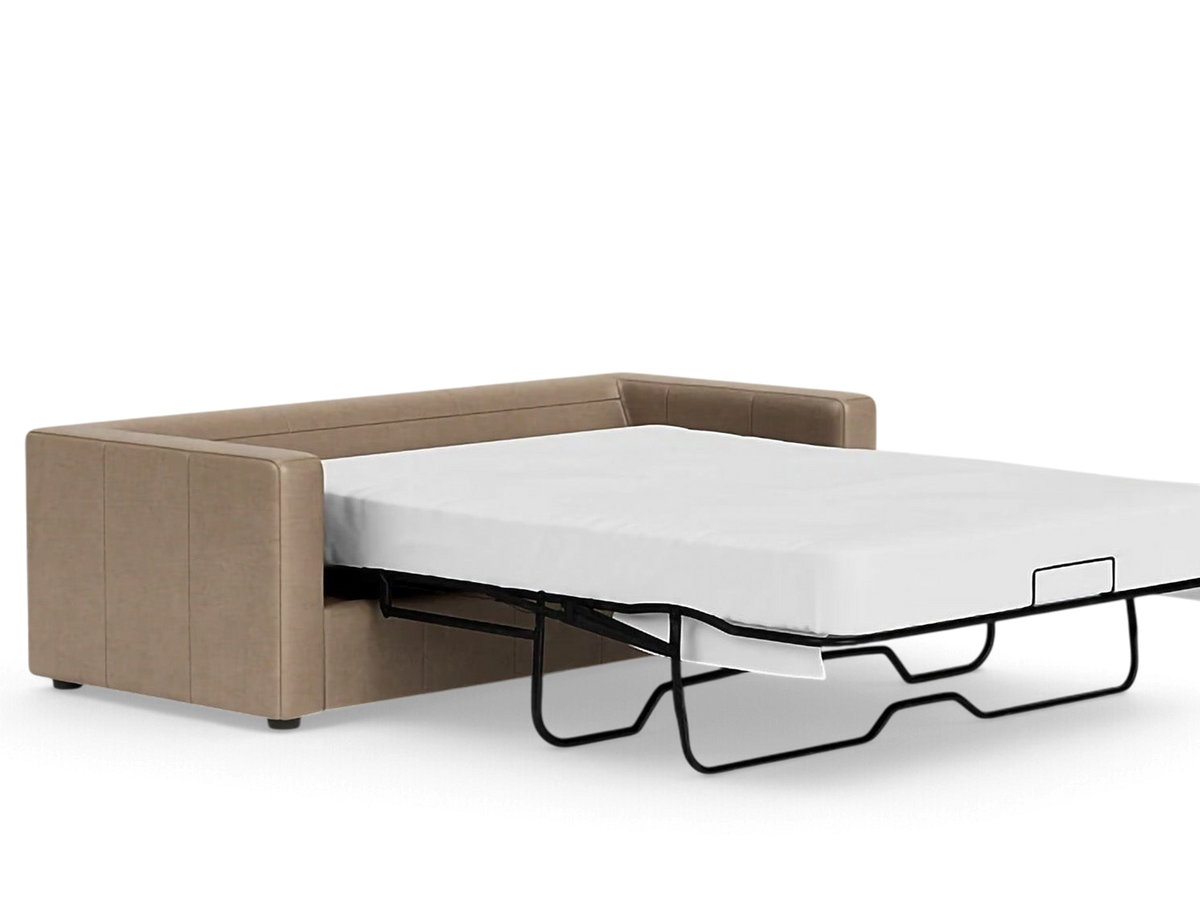 urbane EQ3 Solo sleeper sofa in a tan neutral fabric with a pull-out bed mechanism and simple architectural lines