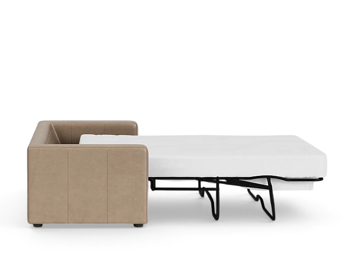 urbane EQ3 Solo sleeper sofa in beige upholstery with a partially extended white mattress and black metal frame