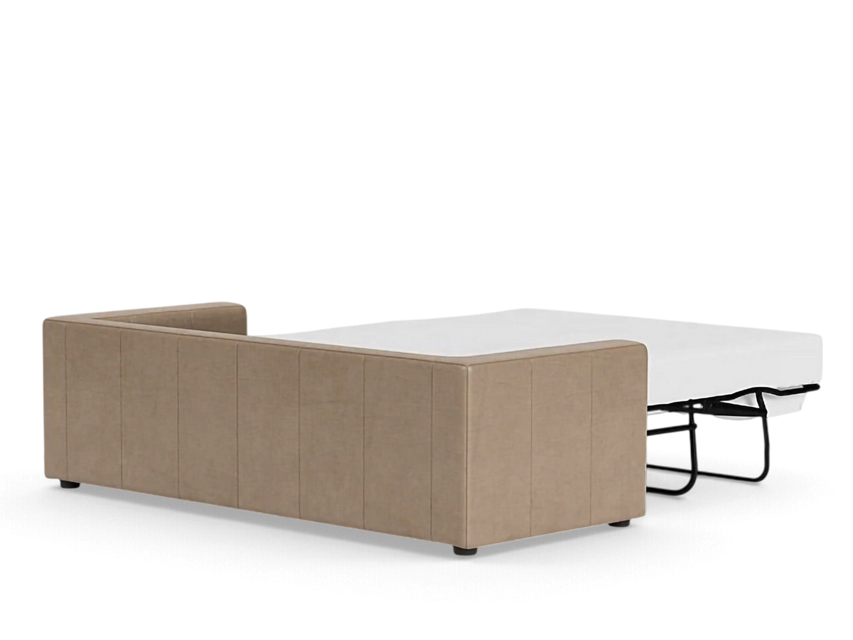 urbane EQ3 Solo sleeper sofa in a neutral beige fabric with a vintage-inspired architectural design