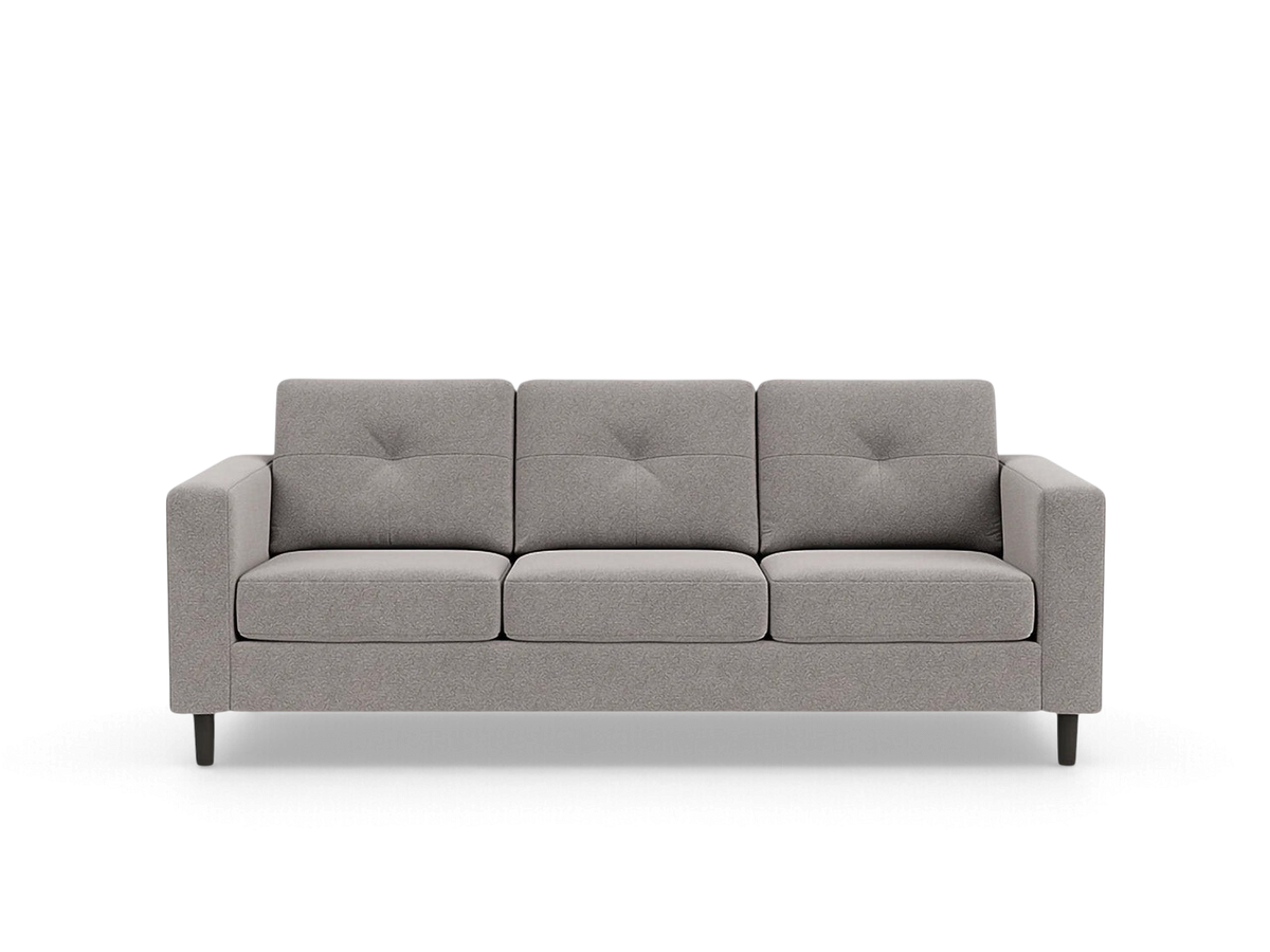 urbane EQ3 Solo sofa in grey fabric with tufted back cushions and dark wooden legs in a mid-century modern style
