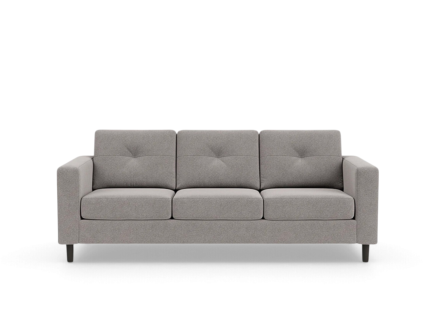 urbane EQ3 Solo sofa in grey fabric with tufted back cushions and dark wooden legs in a mid-century modern style