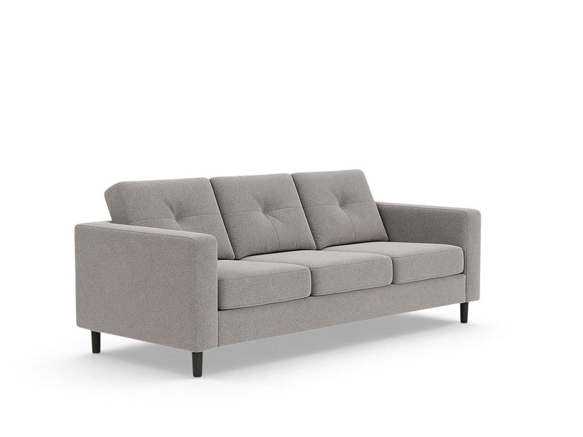 urbane EQ3 Solo sofa in light grey fabric with tufted back cushions and simple architectural lines