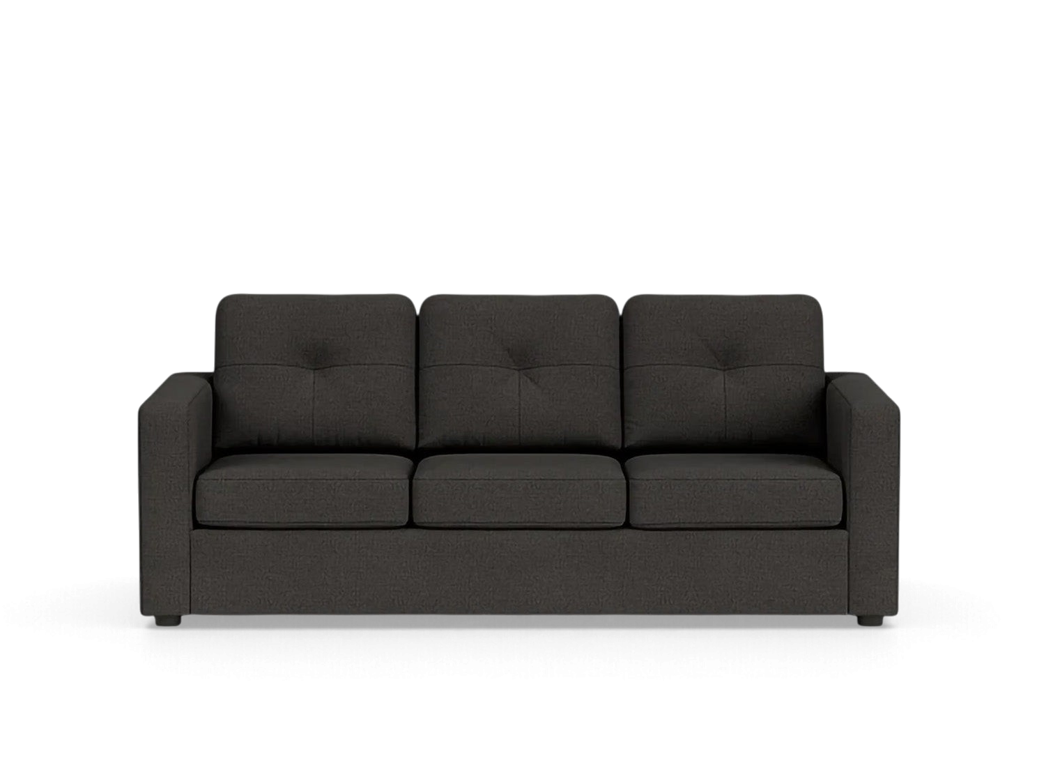 urbane EQ3 Solo sleeper sofa in dark grey fabric with tufted back cushions and simple architectural lines