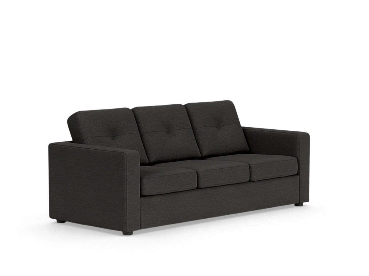 urbane EQ3 Solo sleeper sofa in charcoal grey fabric with tufted back cushions and simple architectural lines