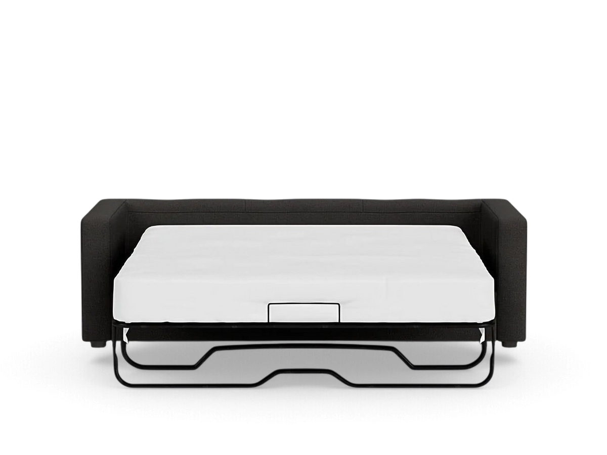 urbane EQ3 Solo sleeper sofa in dark grey fabric with a white mattress pulled out in a front view