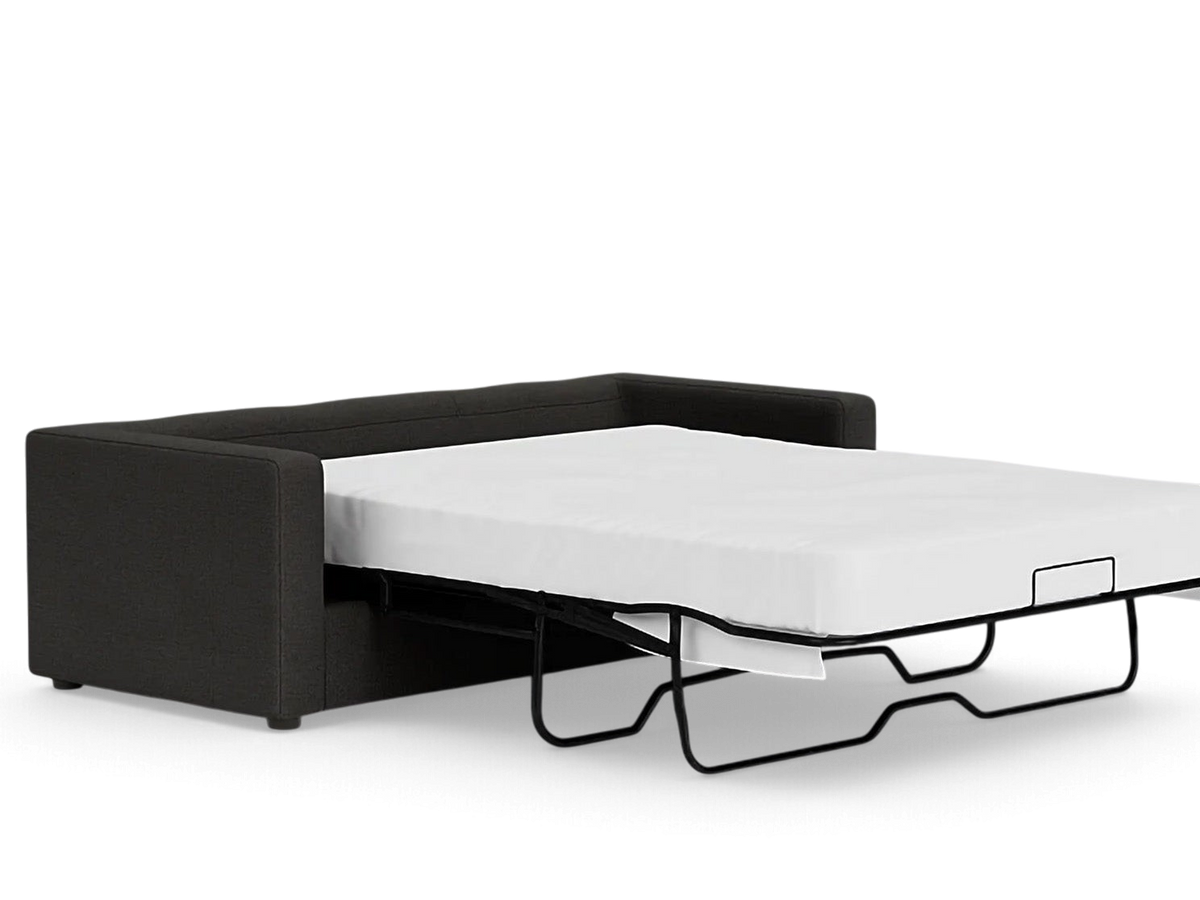urbane EQ3 Solo sleeper sofa in dark grey fabric with a pull-out mattress extended for guest use