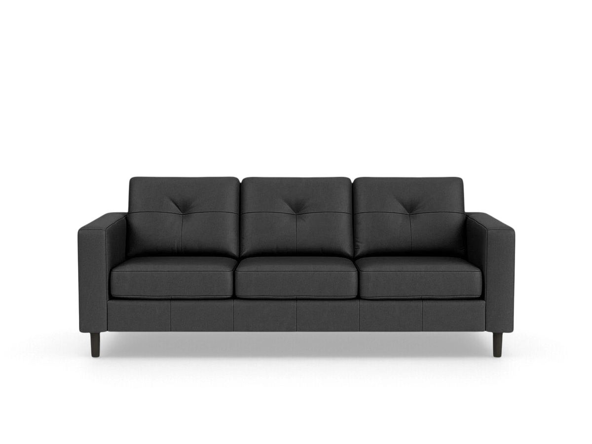 urbane EQ3 Solo sofa in charcoal grey fabric with button-tufted back cushions and tapered wooden legs