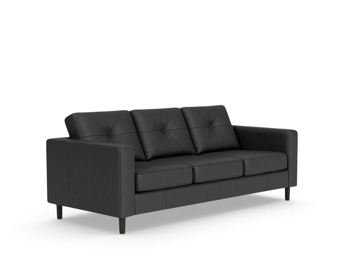 urbane EQ3 Solo sofa in dark grey fabric with tufted back cushions and mid-century modern architectural lines