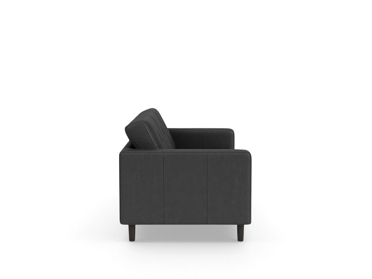 urbane EQ3 Solo sofa in charcoal grey fabric with a vintage-inspired mid-century modern silhouette, side view