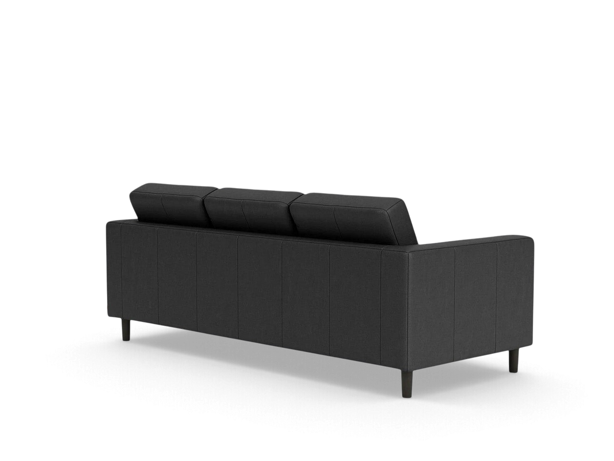 urbane EQ3 Solo sofa in dark grey fabric with a vintage-inspired architectural design and tapered wooden legs
