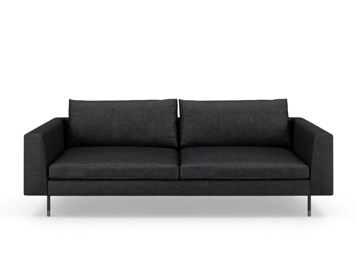 urbane EQ3 Todd sofa in charcoal grey fabric with clean lines and slim tapered legs on a white background