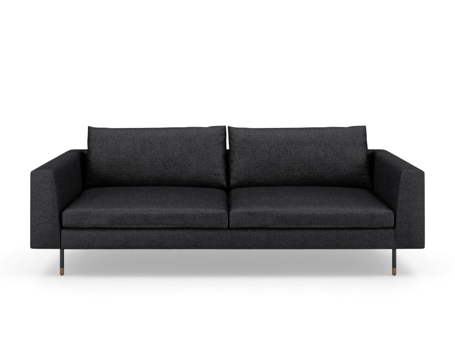 urbane EQ3 Todd sofa in charcoal grey fabric with clean lines and slim tapered legs on a white background