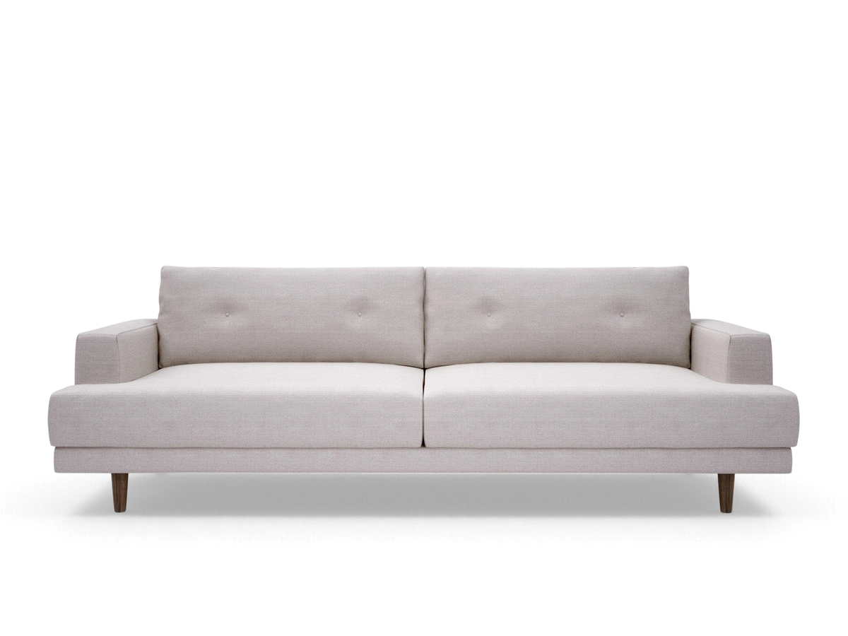 urbane EQ3 Triumph sofa in beige fabric with button-tufted back cushions and solid walnut legs