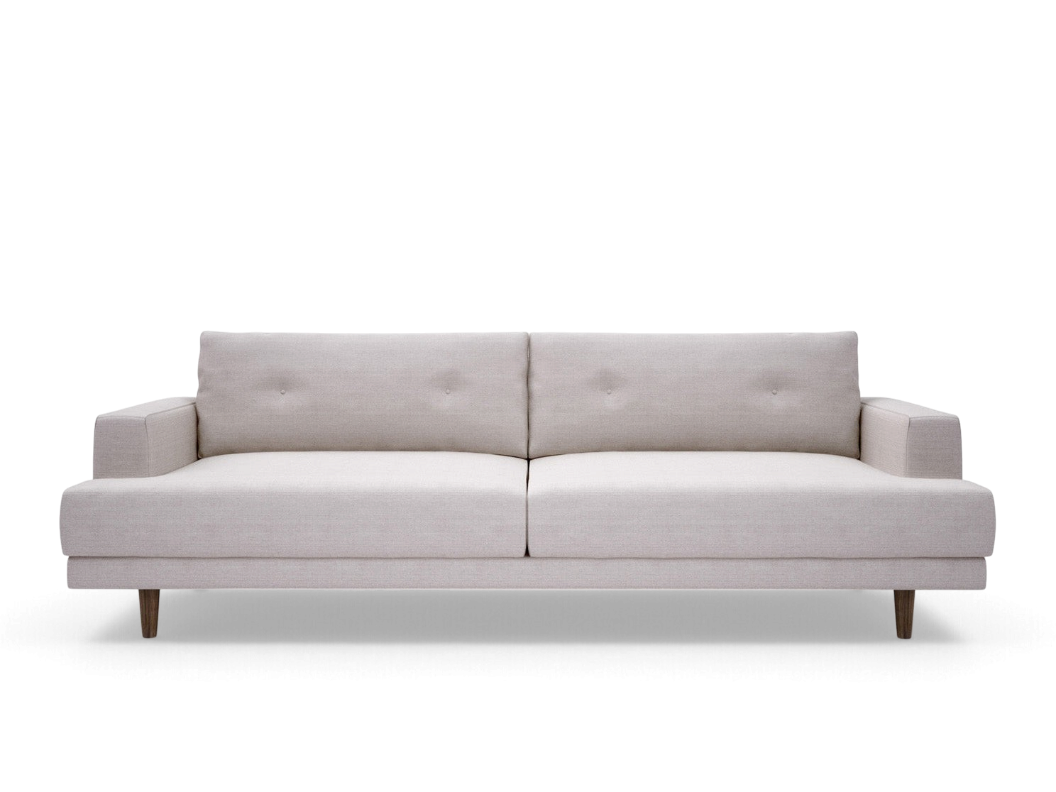 urbane EQ3 Triumph sofa in beige fabric with button-tufted back cushions and solid walnut legs